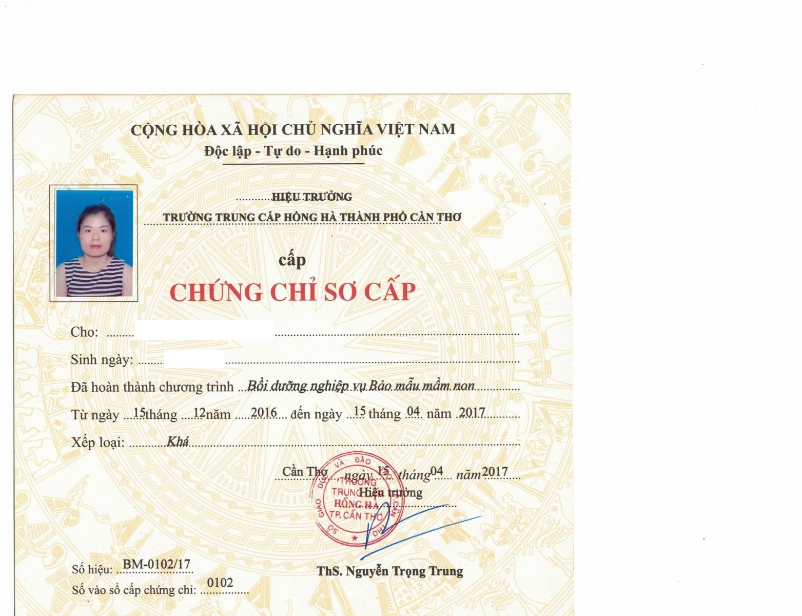 chứng chỉ sơ cấp bảo mẫu